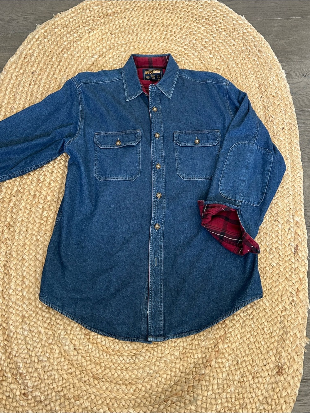 Woolrich Blue Denim Button-Up Shirt with Red Plaid Lining